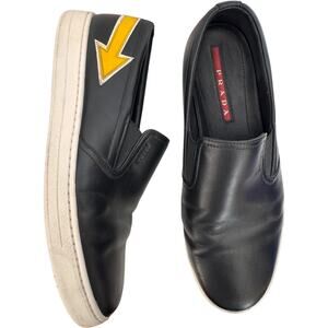 Prada Linea Rossa Black Leather Slip-On Sneakers w/ Yellow Arrow Italy 7.5